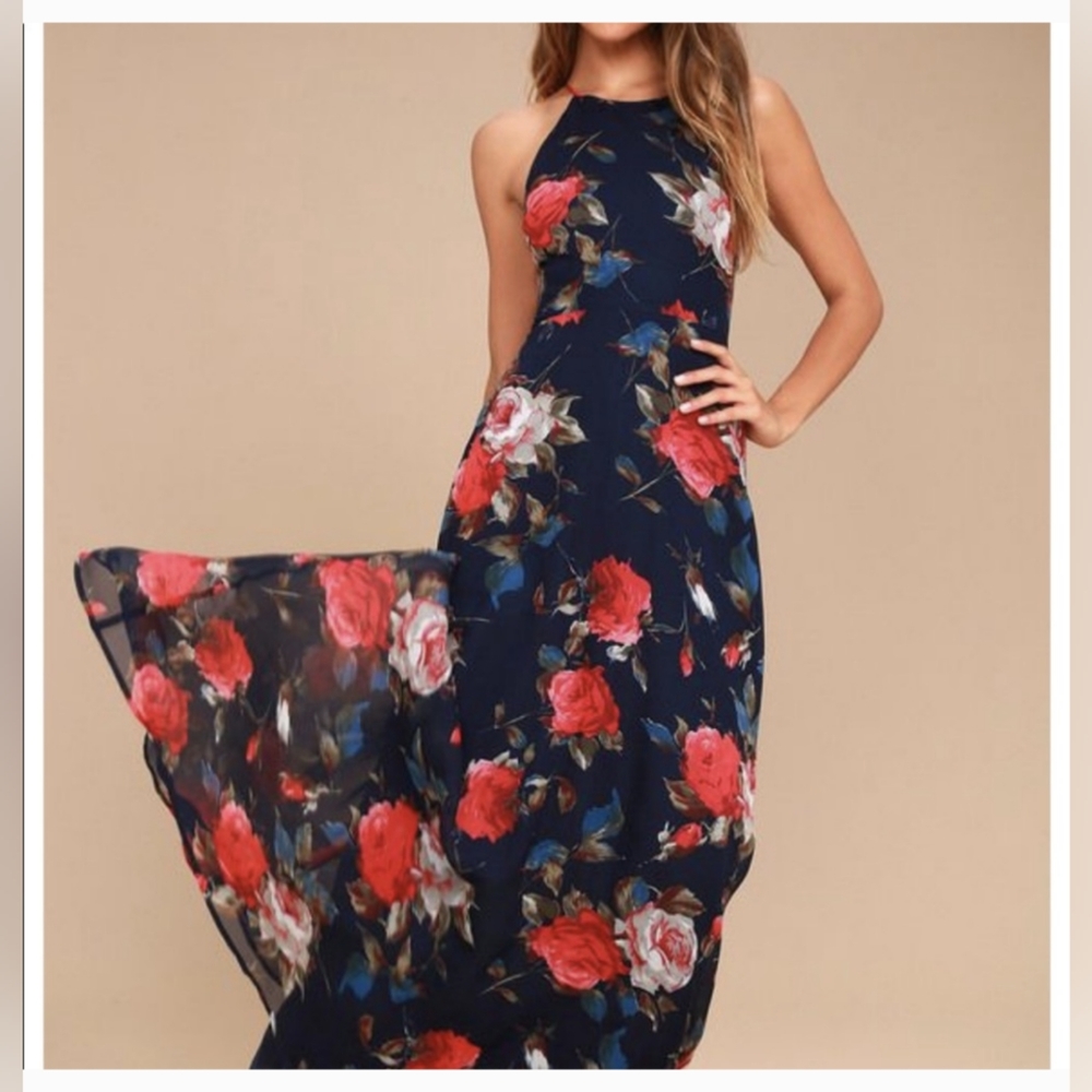 Lulu's Debut Navy Blue Floral Print Lace-Up Maxi Dress Sz S